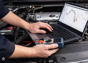Mechanic performing advanced electrical diagnostics in car using laptop and multimeter at Azimov Collision in California