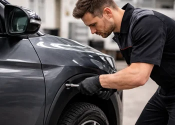 Mechanic using hammer to straighten body panel during collision repair in California on car at Azimov Collision