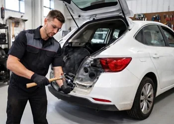 Professional body repair – mechanic performing panel straightening with hammer on white vehicle at Azimov Collision workshop in California