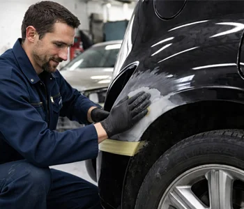 Professional auto body repair – mechanic sanding and preparing damaged fender on black car at Azimov Collision