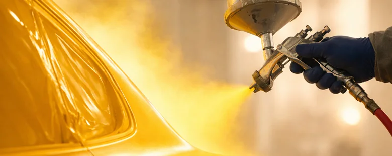 Professional car painting process with spray gun applying paint in California at Azimov Collision