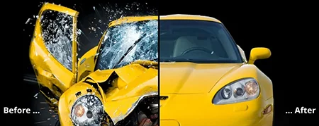 Before and after collision repair on yellow sports car at Azimov Collision