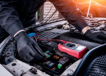 Mechanic performing electrical diagnostics with multimeter in car engine bay at Azimov Collision in California