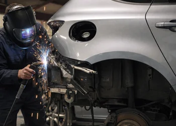 Mechanic performing welding during body repair on silver car at Azimov Collision in California