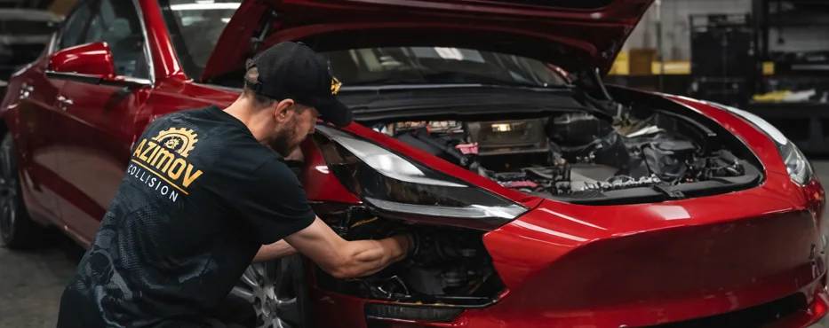 Collision repair for Tesla Model 3 at Azimov Collision: professional bodywork, parts replacement and electric vehicle diagnostics